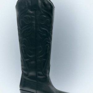 Zara Black Leather Western Knee High Boots Size 39